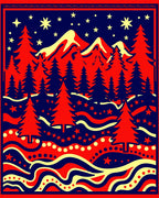 Bold Red Forest Night Mountains Rug