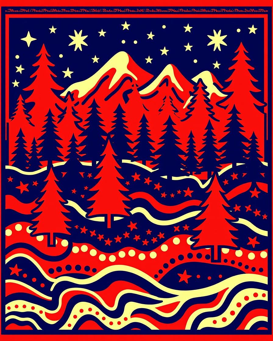 Bold Red Forest Night Mountains Rug
