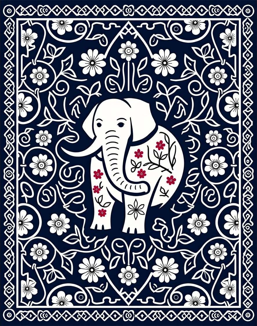 Navy Blue Elephant Floral Medallion Rug