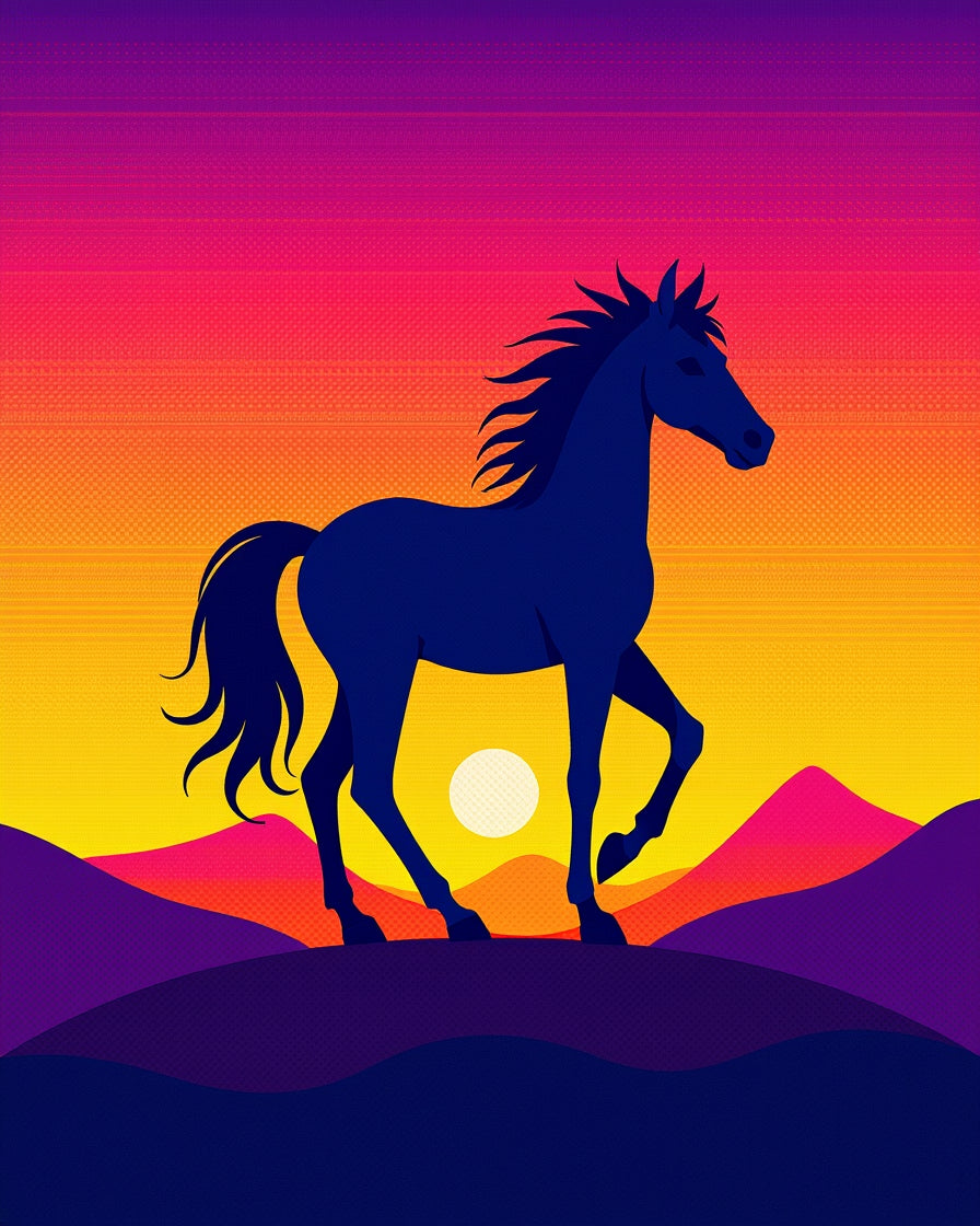 Bold Navy Horse Sunset Landscape Rug