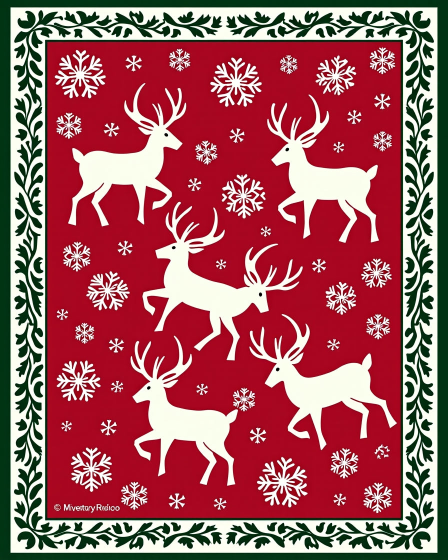White Reindeer Snowflakes Red Border Rug