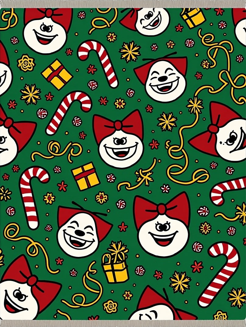 Festive Green Holiday Faces Candy Canes Rug