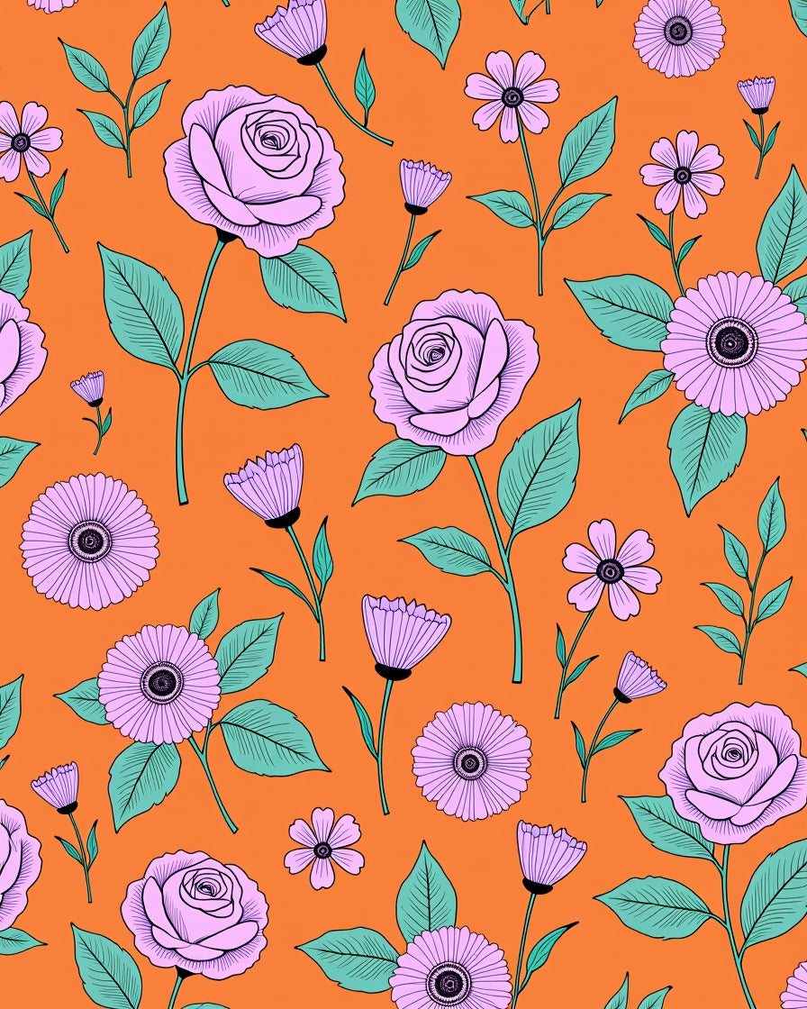 Bright Orange Lilac Floral Garden Rug