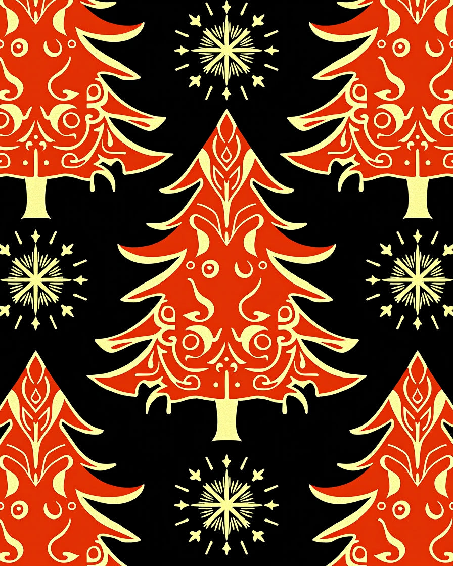 Festive Red And Gold Pine Tree Snowflakes Rug