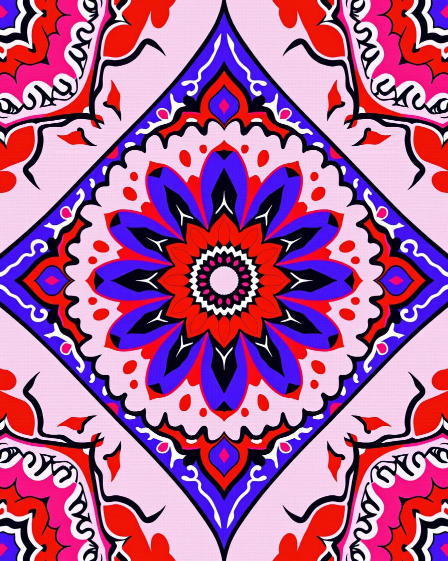 Bold Crimson Blue Radial Bloom Rug