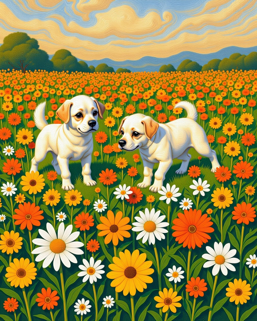 Joyful pups amongst yellow orange flowers Rug