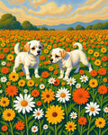 Joyful pups amongst yellow orange flowers Rug