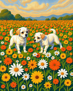 Joyful pups amongst yellow orange flowers Rug