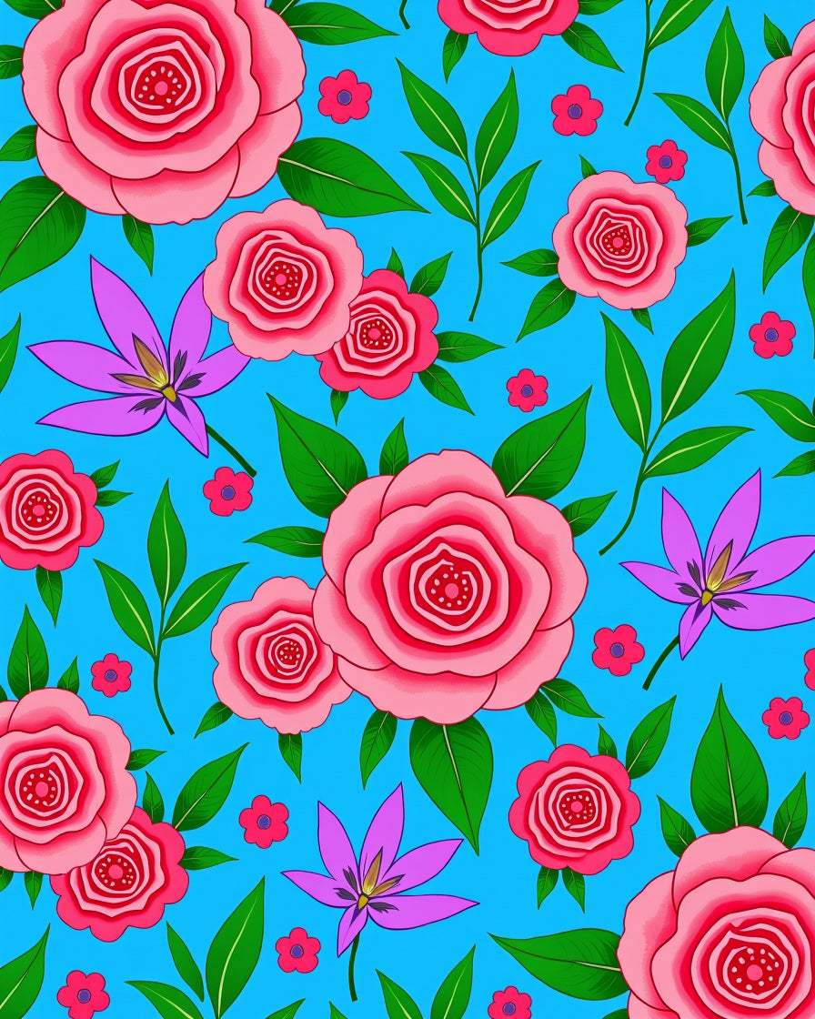 Pink Roses Blue Floral Garden Rug
