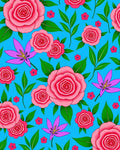 Pink Roses Blue Floral Garden Rug