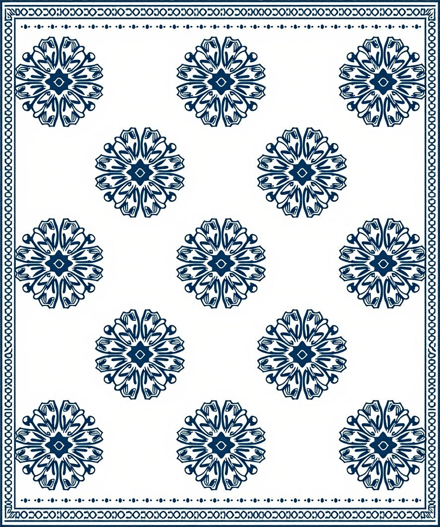 Deep Blue Floral Medallion Border Rug
