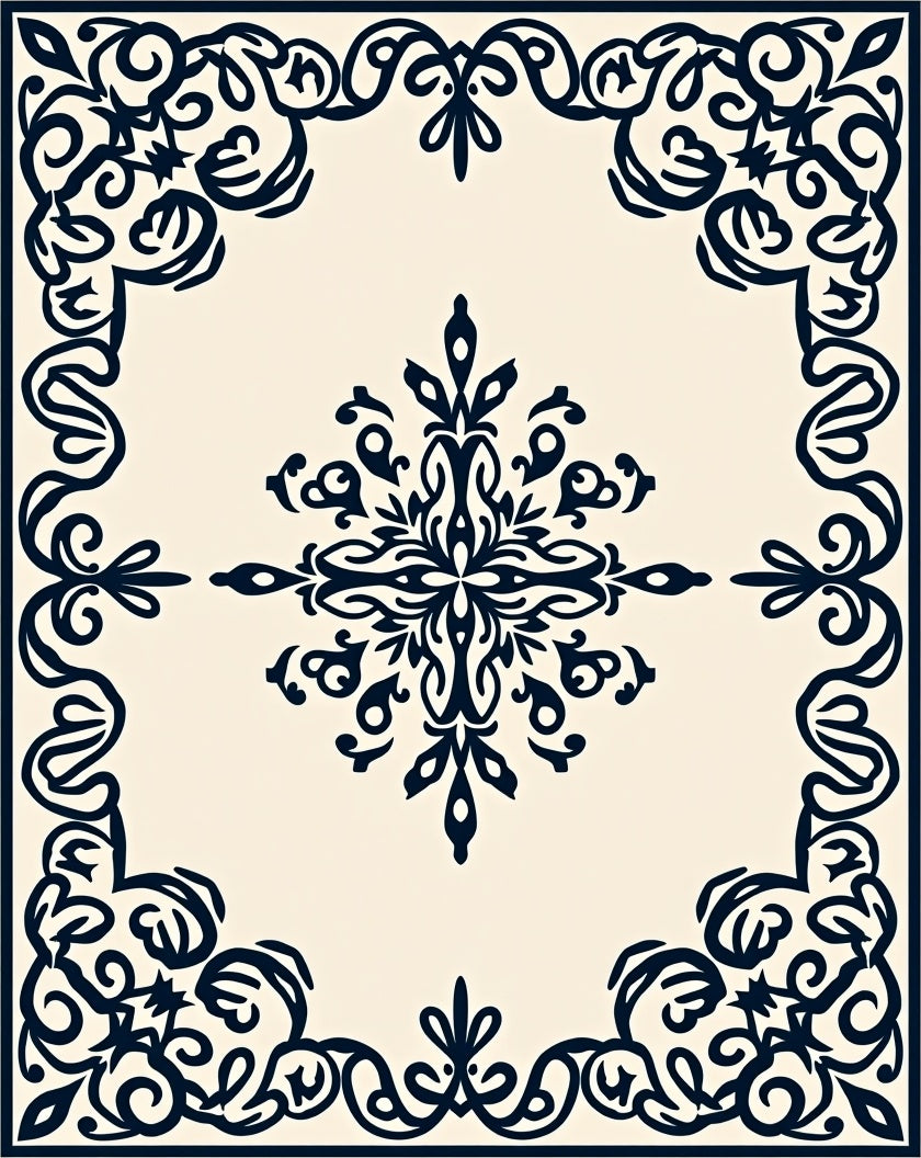 Ornate Navy Scrollwork Center Medallion Rug