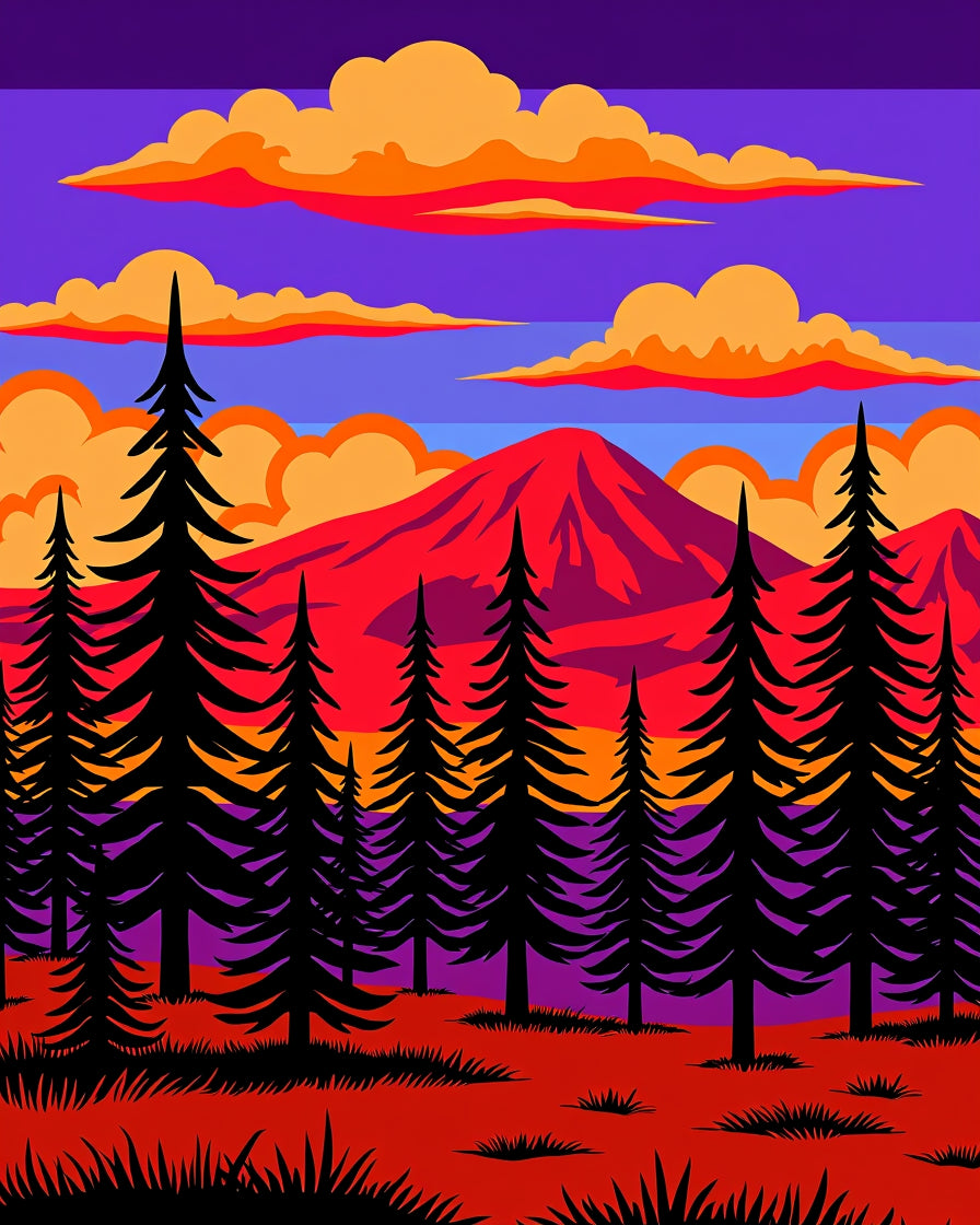 Vibrant Forest Mountain Sunset Landscape Rug