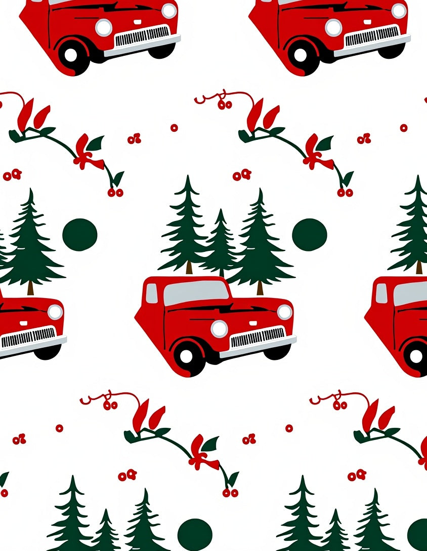 Red Rustic Christmas Truck Pines Rug