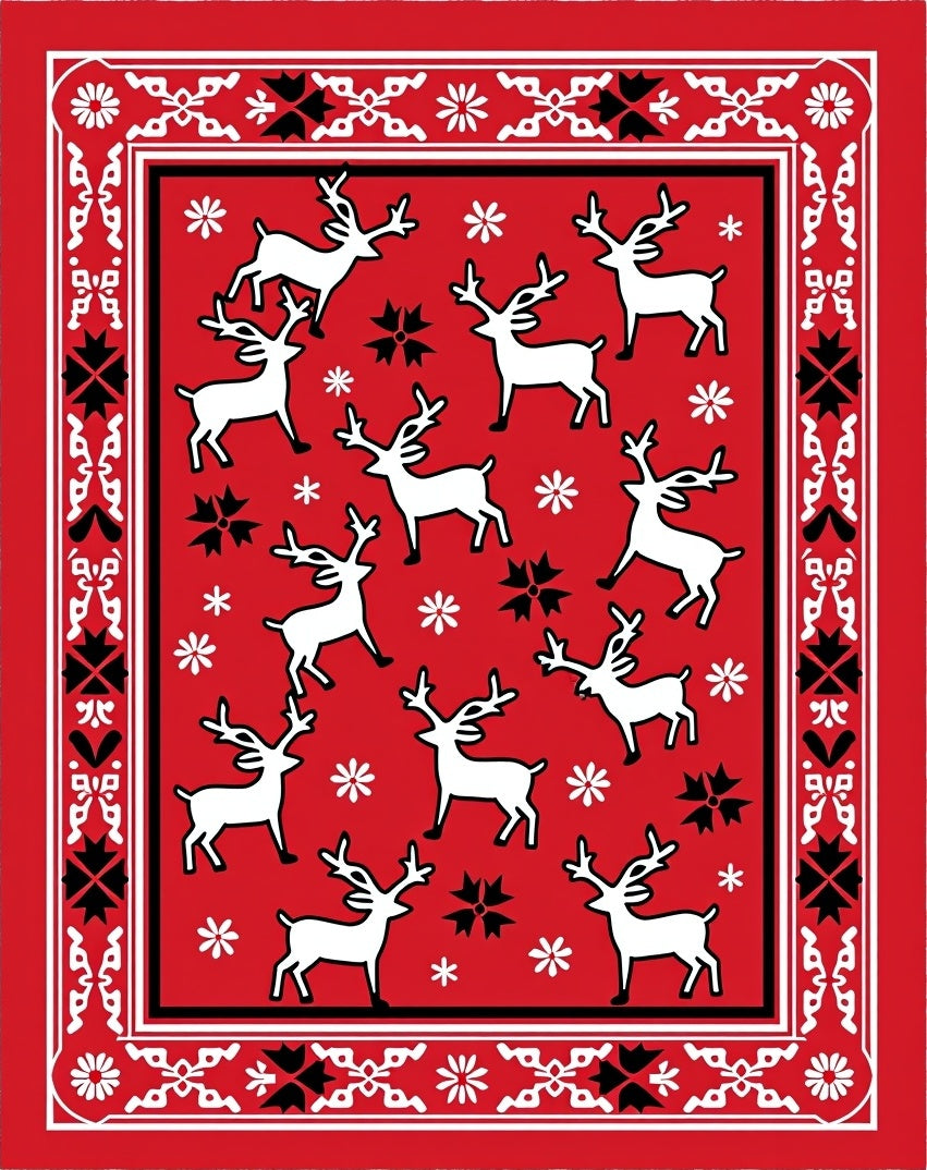 Red White Reindeer Winter Holiday Rug