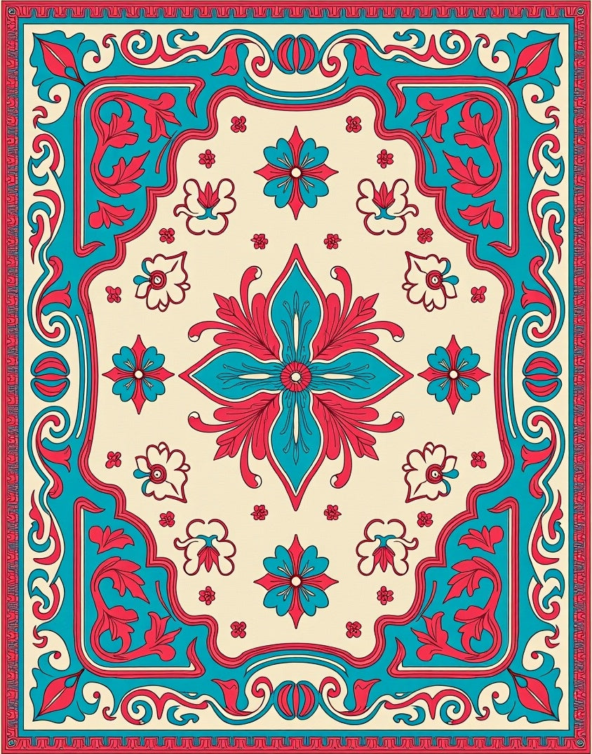Teal Red Floral Medallion Ivory Rug