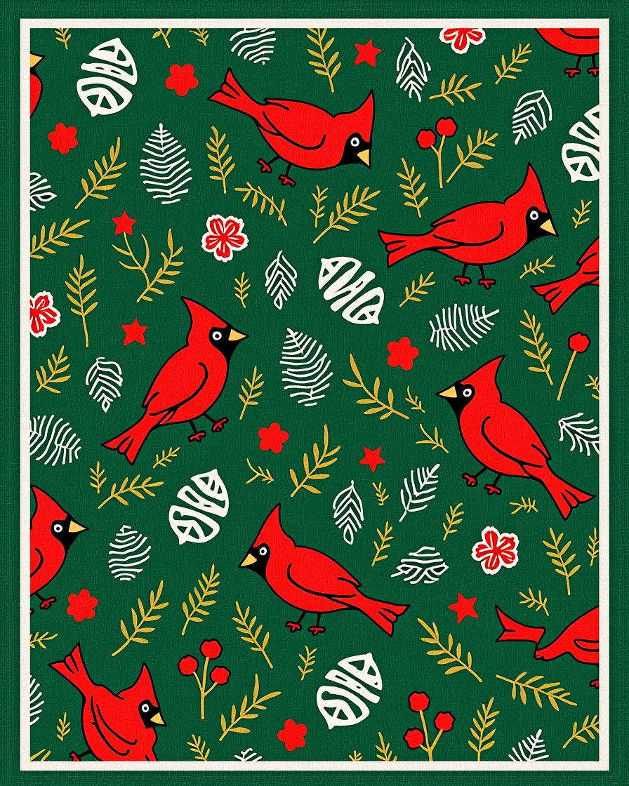 Red Cardinals With Festive Green Background Rug