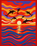Vibrant Sunset Dolphin Wave Scene Rug
