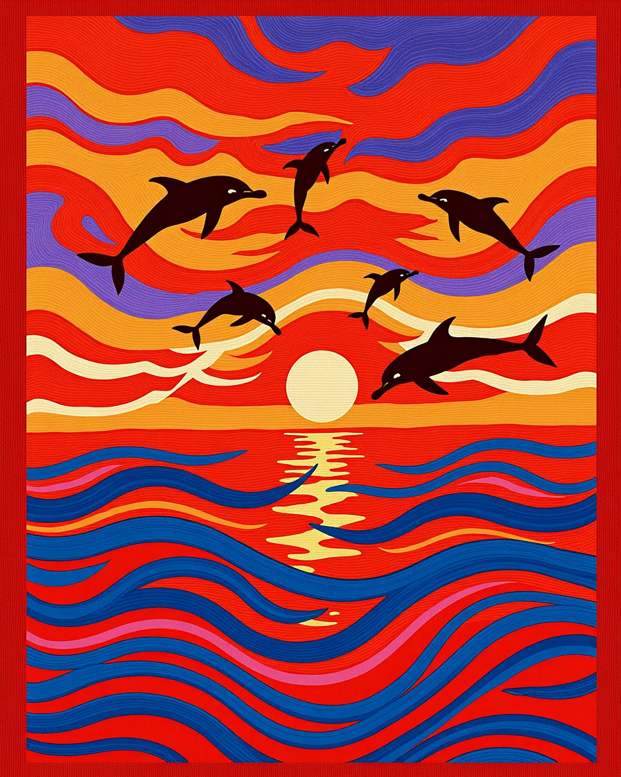 Vibrant Sunset Dolphin Wave Scene Rug