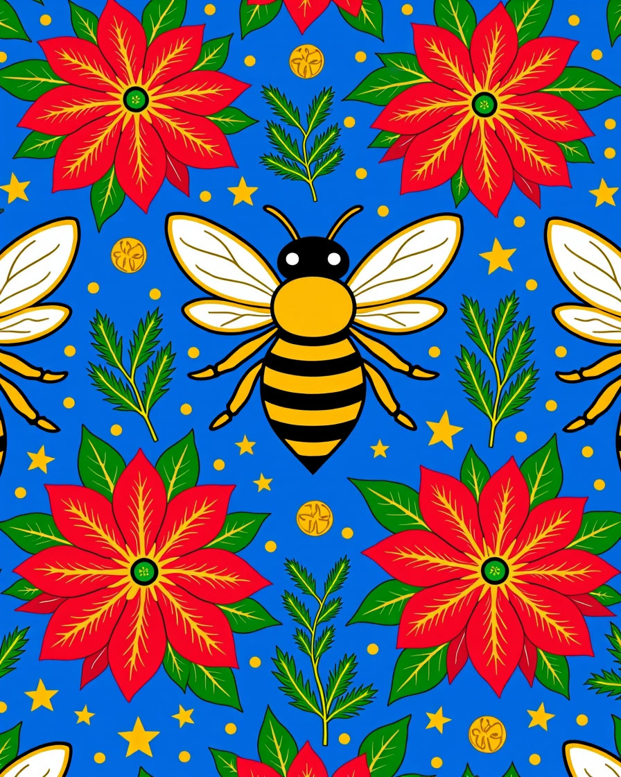 Bright Blue Bumble Bee Poinsettia Stars Rug