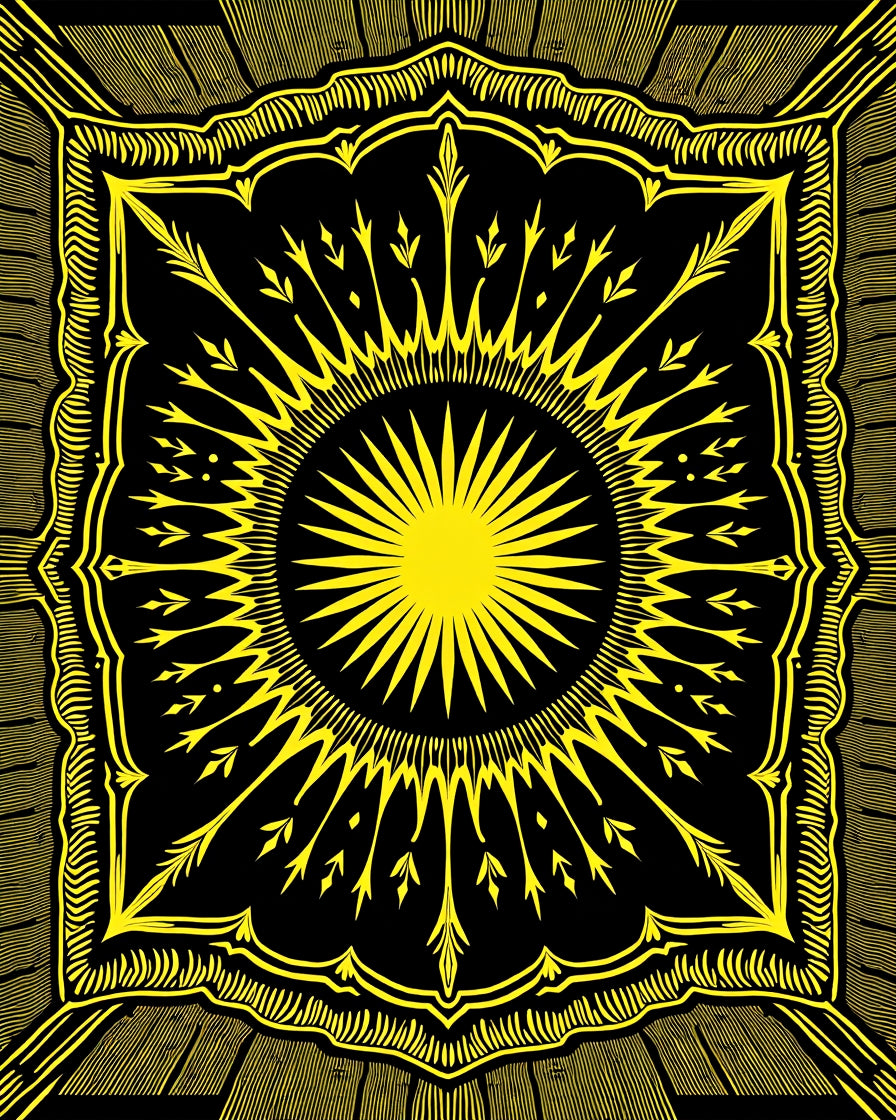 Yellow Sunburst Mandala Black Rug