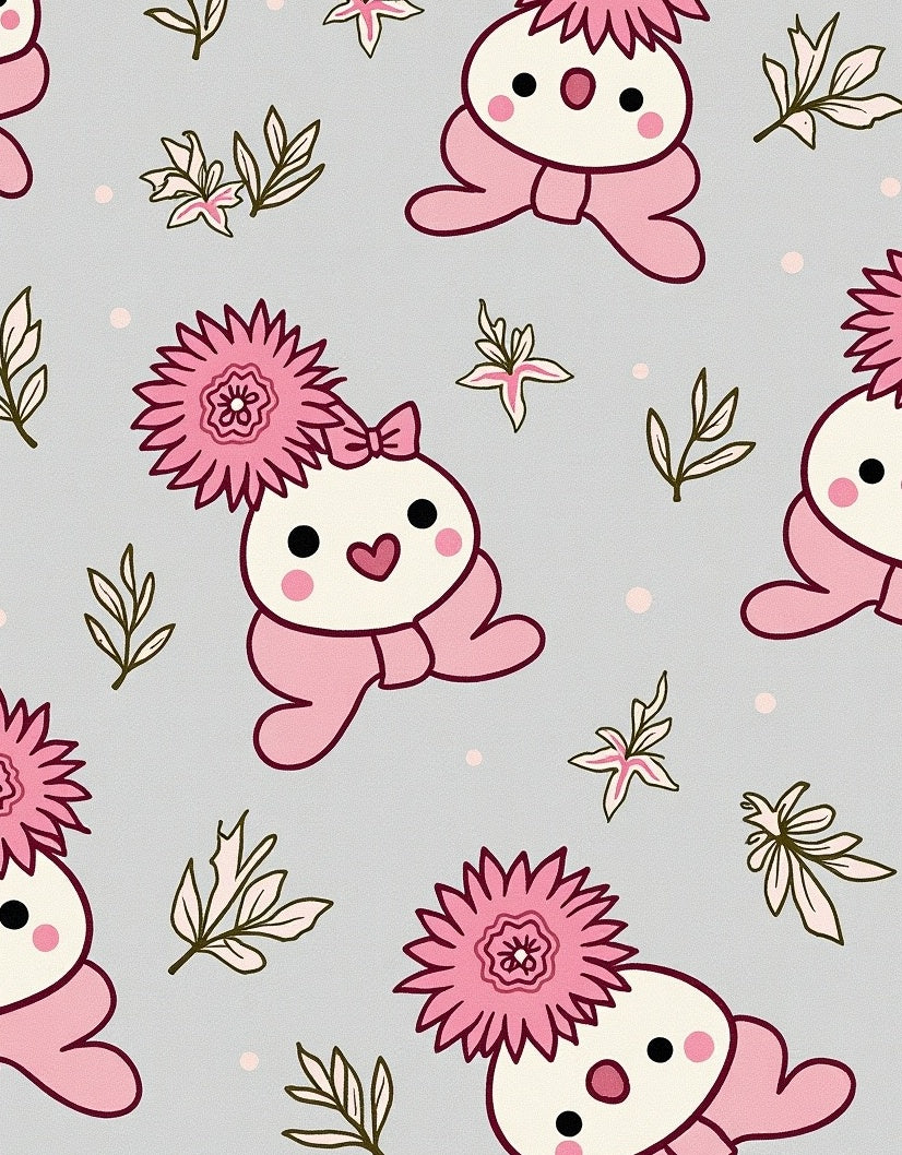 Pink Kawaii Characters Floral Scatter Rug