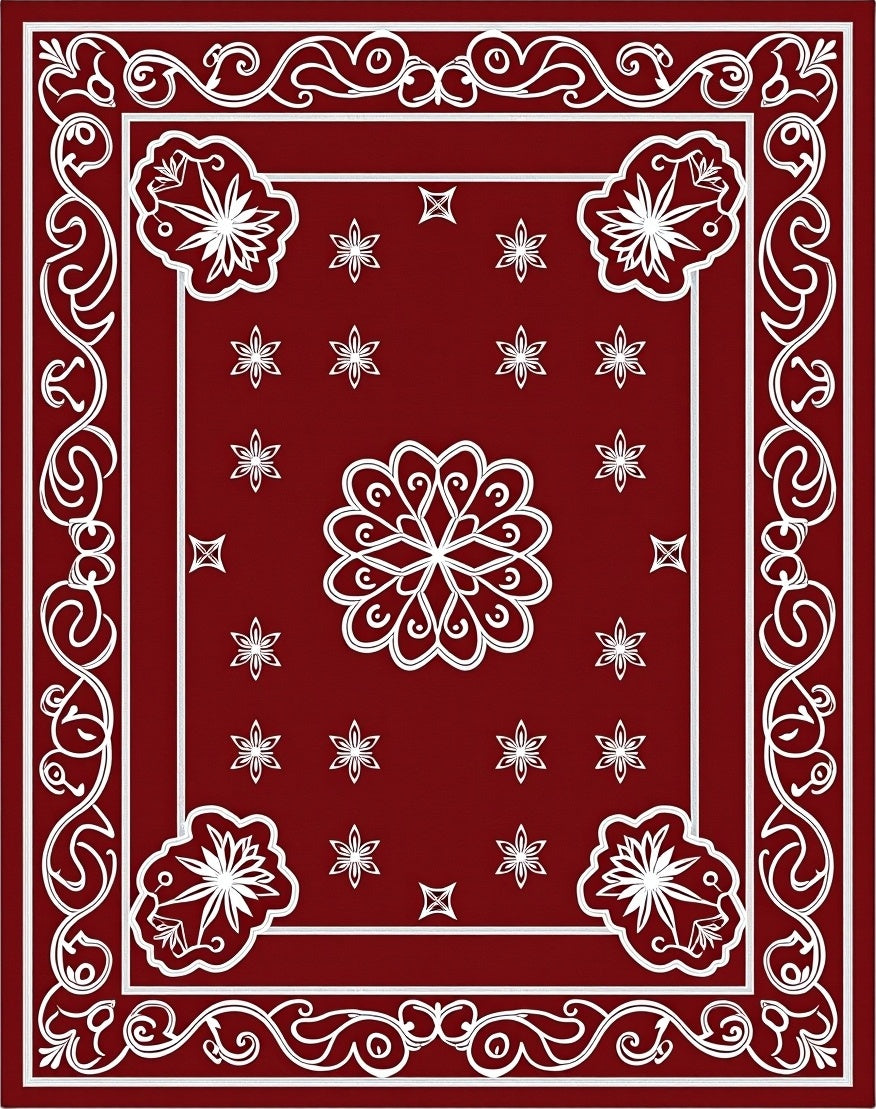 Deep Red White Scrollwork Bloom Rug