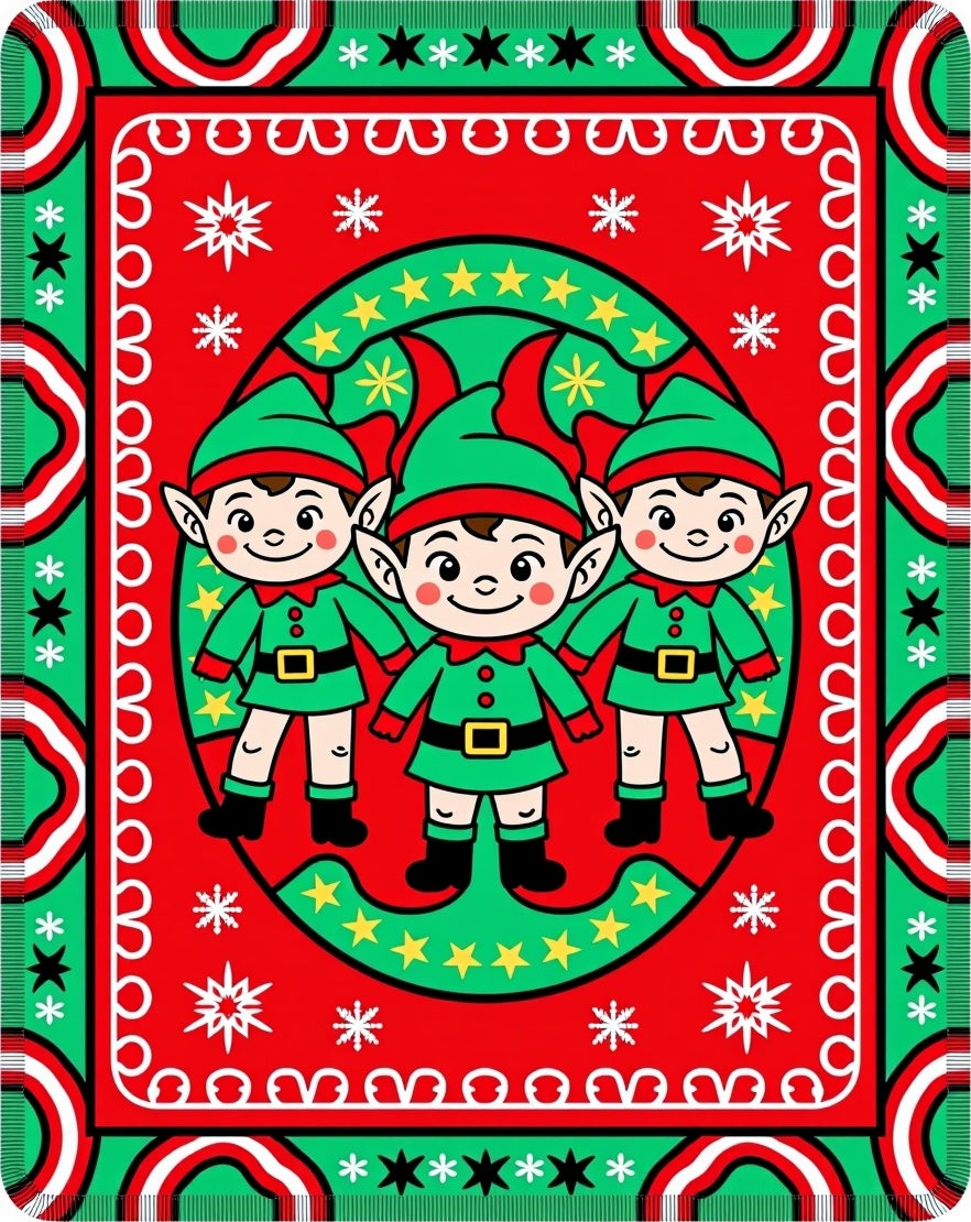 Christmas Elves Red Green Stars Rug
