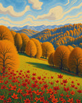 Golden Autumn Trees Field Red Flowers Rug