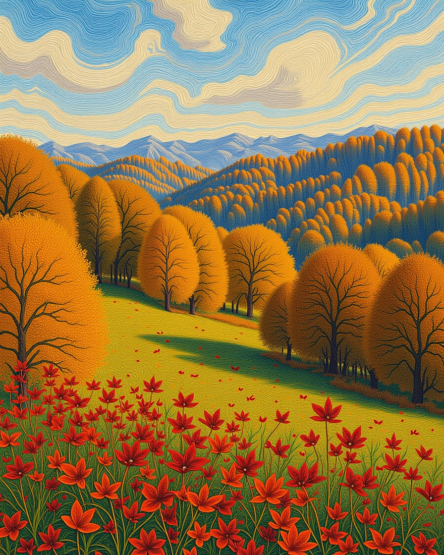 Golden Autumn Trees Field Red Flowers Rug