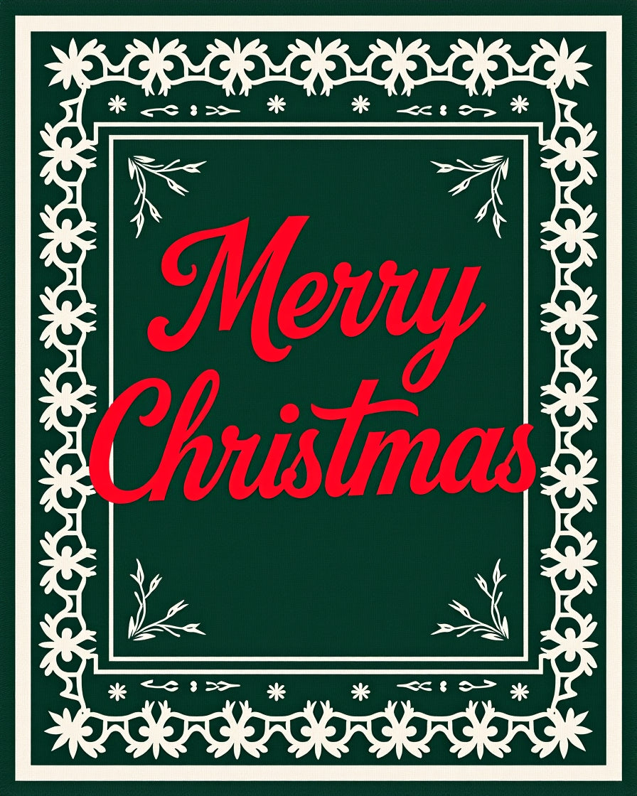 Festive Red Merry Christmas Floral Border Rug
