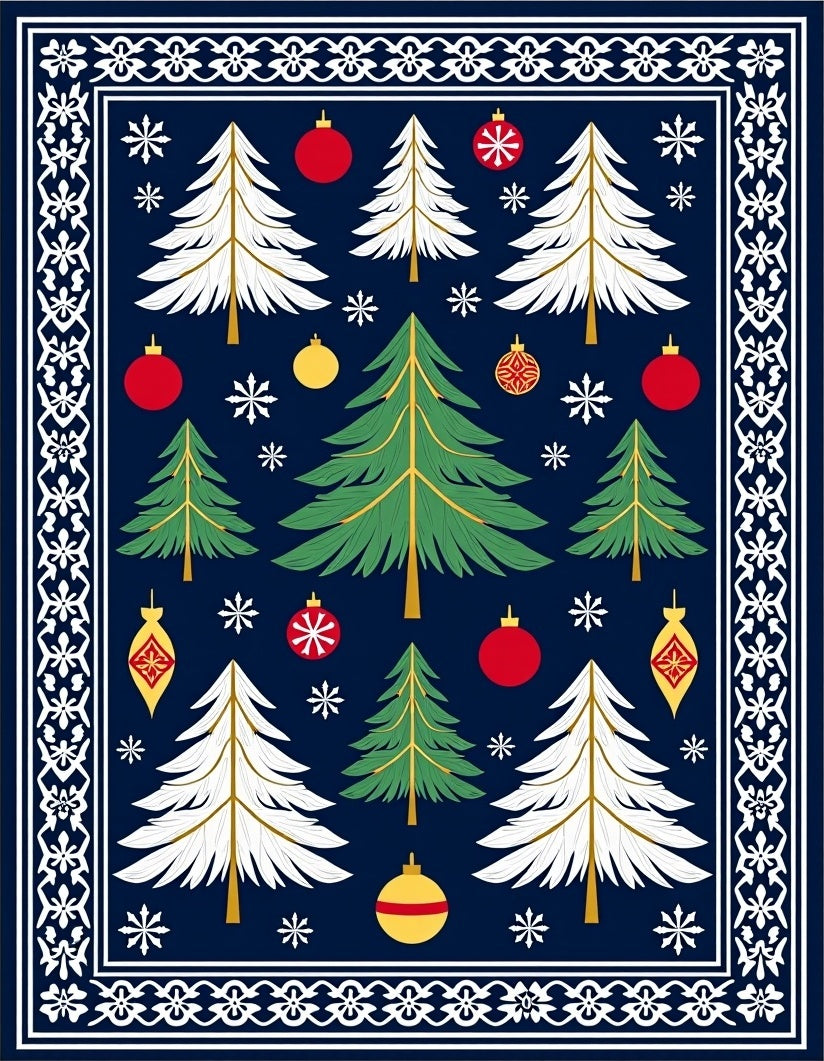 Festive Blue Christmas Tree Ornaments Rug
