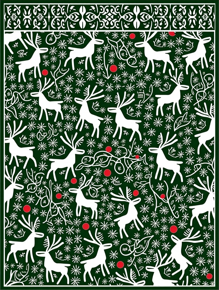 White Deer Green Snowflake Festive Border Rug