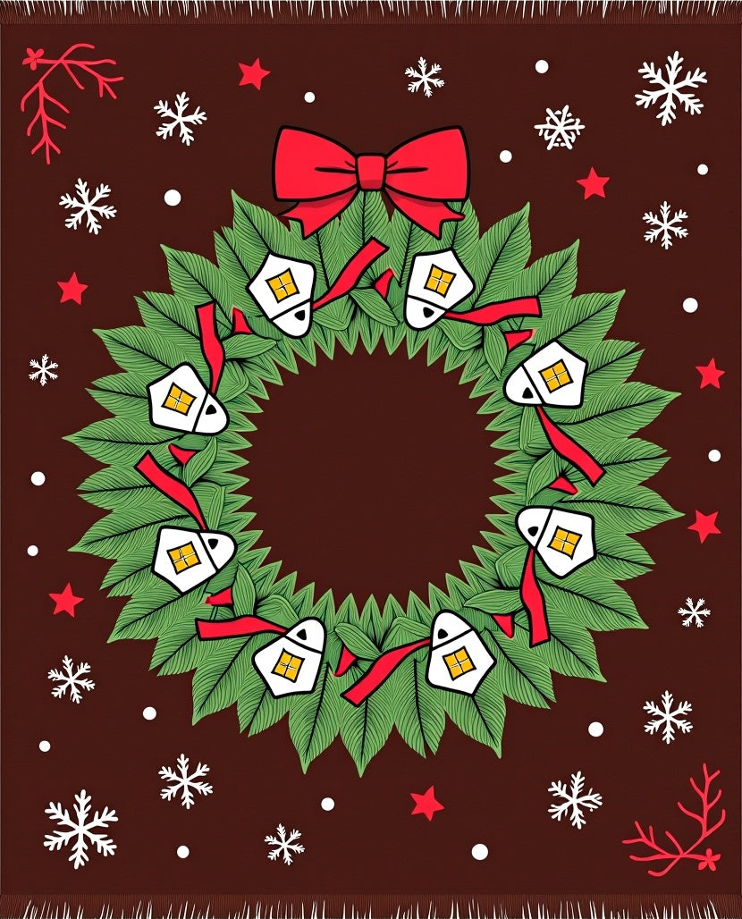 Festive Wreath Houses Red Bow Snowflakes Rug
