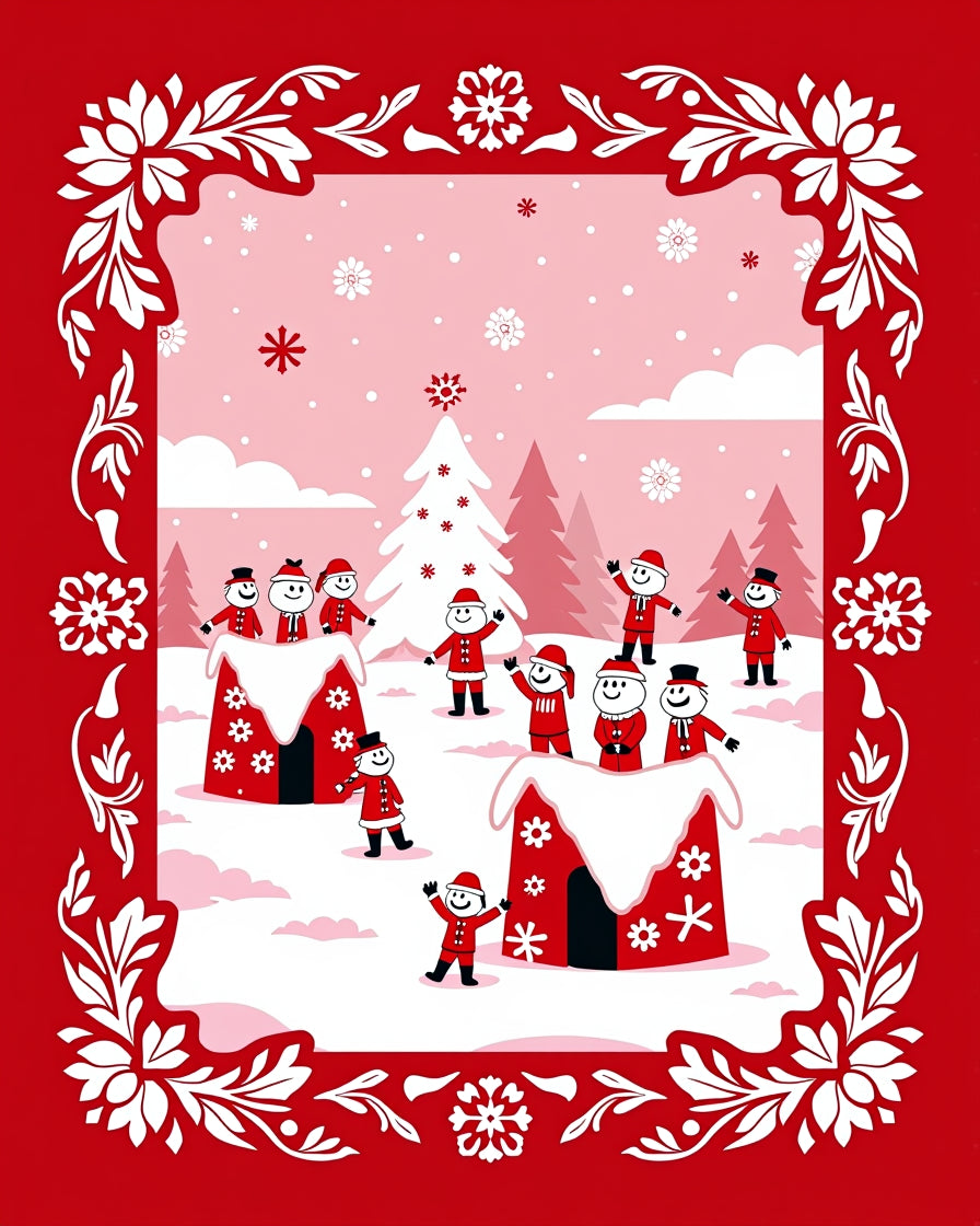 Festive Red Snowman Village Christmas Rug