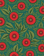 Red Sunburst Floral Green Leaf Rug