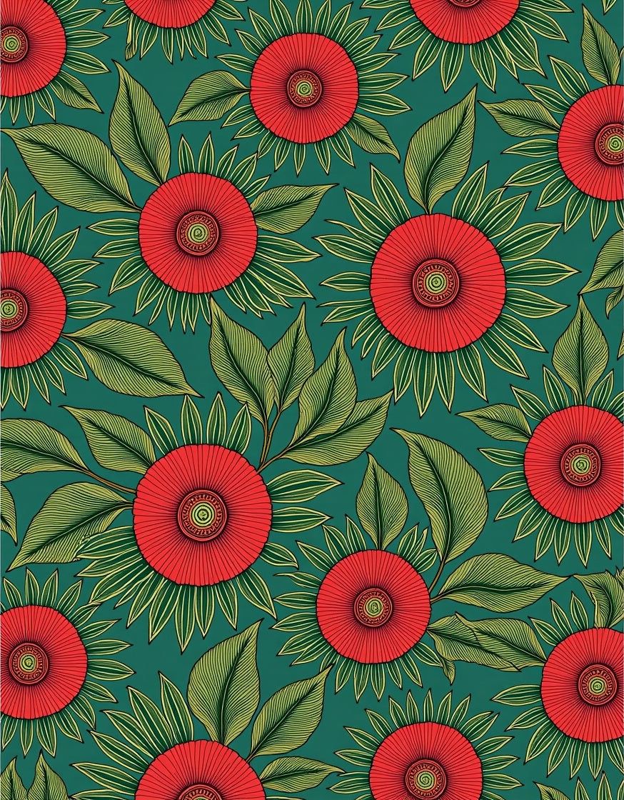 Red Sunburst Floral Green Leaf Rug