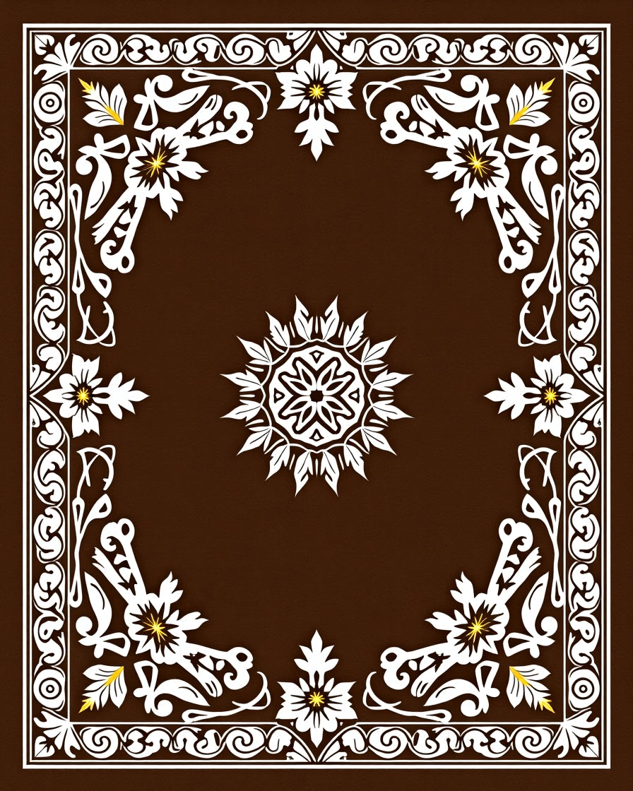 Dark Brown White Floral Medallion Border Rug