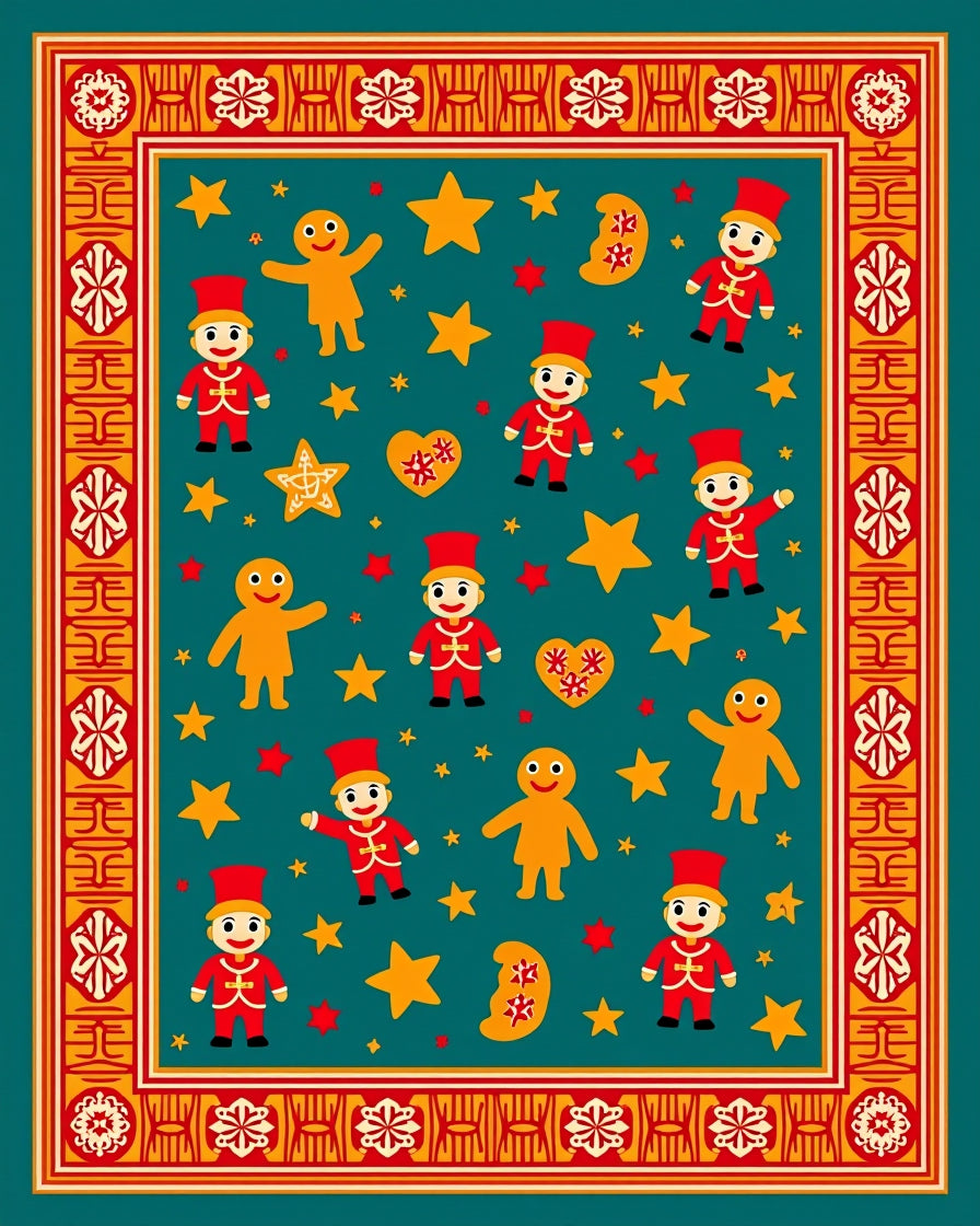 Festive Red Yellow Ginger Cookie Border Rug