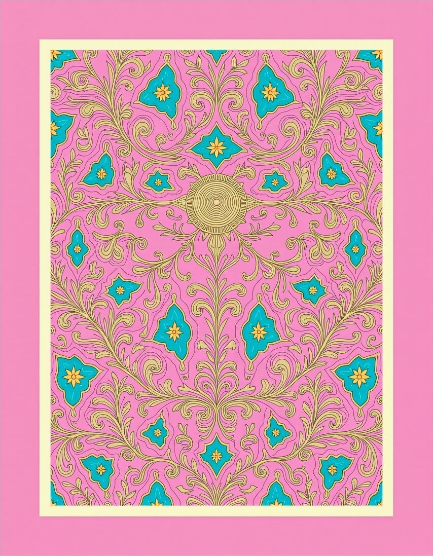 Pink Teal Golden Scroll Medallion Rug