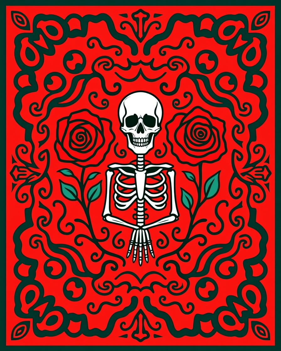 Crimson Skeleton Rose Swirls Rug