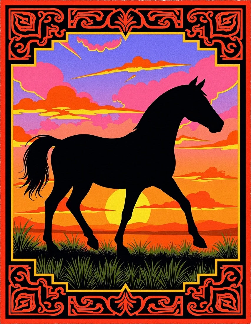 Bold Black Horse Sunset Sky Rug