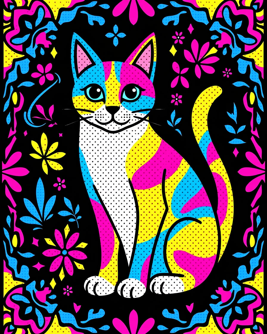 Vibrant Color Block Cat Floral Border Rug