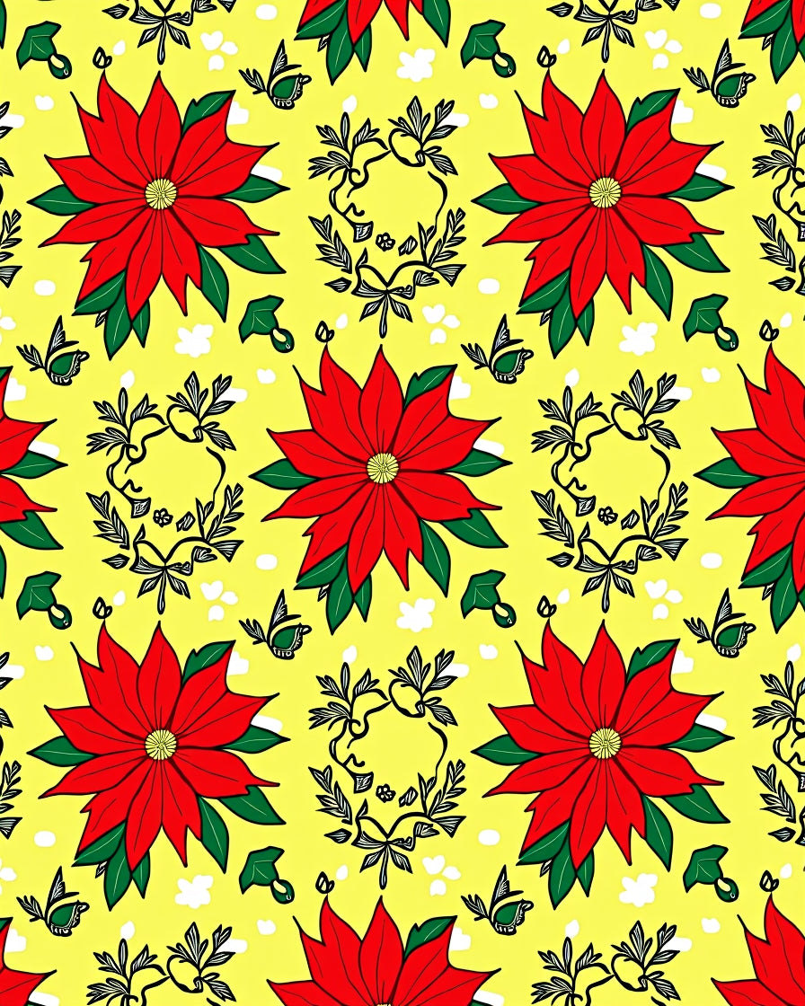 Red Poinsettia Yellow Floral Wreath Rug
