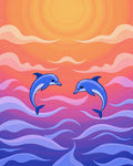 Joyful Blue Dolphins Sunset Ocean Waves Rug