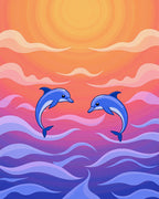 Joyful Blue Dolphins Sunset Ocean Waves Rug