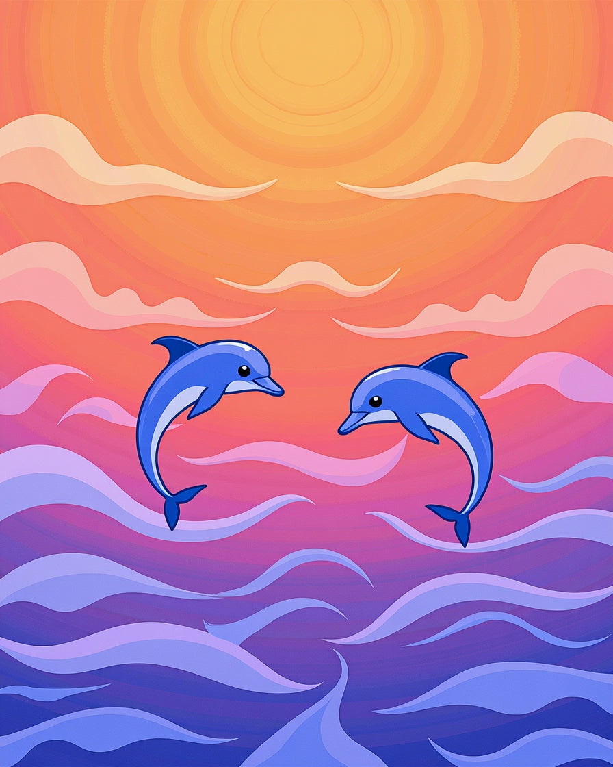 Joyful Blue Dolphins Sunset Ocean Waves Rug