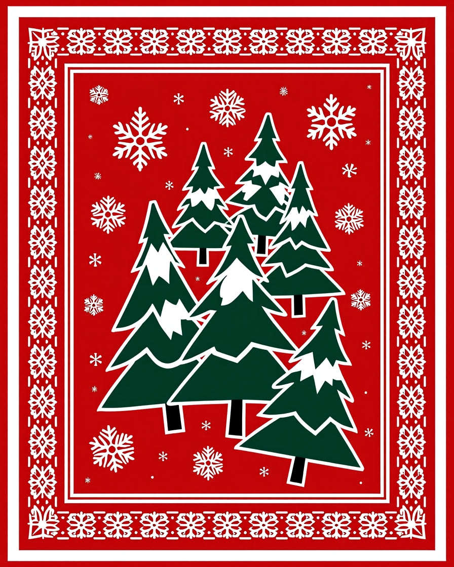 Red Evergreen Snowflake Forest Rug