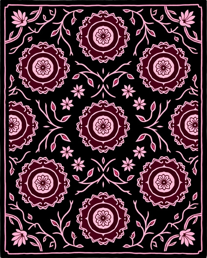 Dark Crimson Pink Floral Medallion Rug