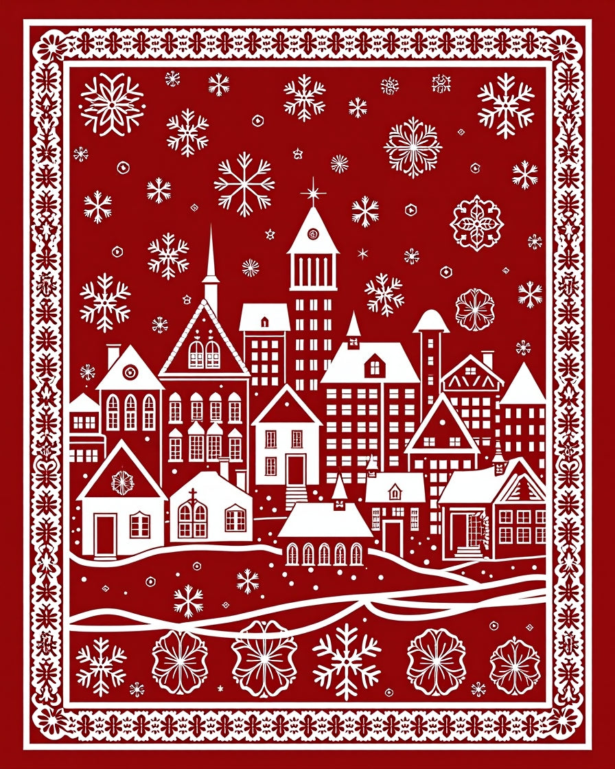 Red White Village Snowflake Border Rug